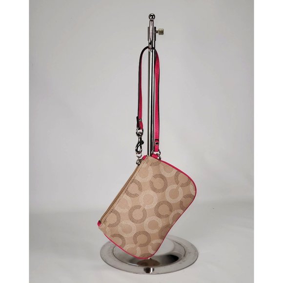 Coach Women's Beige Canvas  Pink Leather Trim Dotted Ashley Wristlet Sz S 17 - Picture 4 of 9